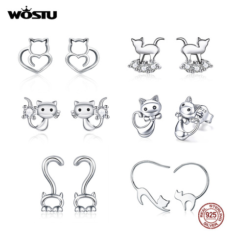 WOSTU Real 100% 925 Sterling Silver Lovely Cat Pet Stud Earrings For Women S925 Silver Earring Fashion Jewelry Gift FIE073 ► Photo 1/6