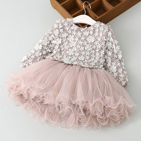 Winter Long Sleeves Girls Dress Birthday Flower Design Princess Lace Tutu Dresses Kids Casual Wear Children Daily Home Clothing ► Photo 1/6