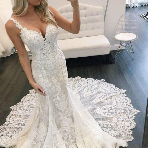 Lover Kiss Mermaid Wedding Dress 2022 Vestidos de noiva Plus Size Bridal Gowns Long Train V Neck Spaghetti Straps Häämekot ► Photo 1/4