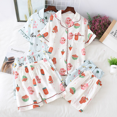 Three-piece Japanese-style pajamas women spring and summer autumn 100% cotton gauze short-sleeved shorts trousers summer suit ho ► Photo 1/6