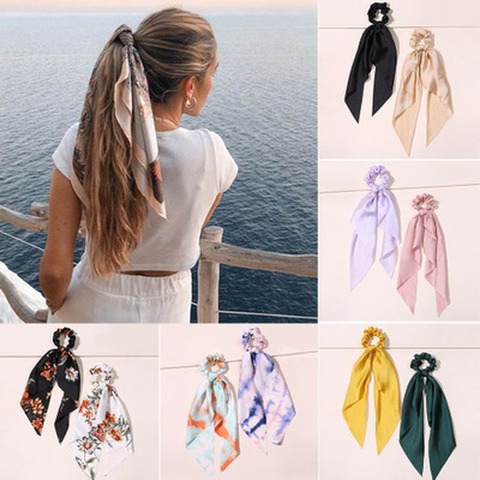 Floral Print Bow Satin Long Ribbon Ponytail Scarf Hair Tie Scrunchies Women Girls Elastic Hair Bands Hair Accessories ► Photo 1/6