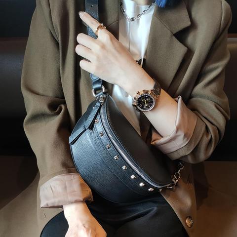 Fashion Rivet Fanny Pack Shell Waist Bag New Brand Belt Bag Women Waist Pack 100% Genuine Leather Multifunction Chest Bags ► Photo 1/6