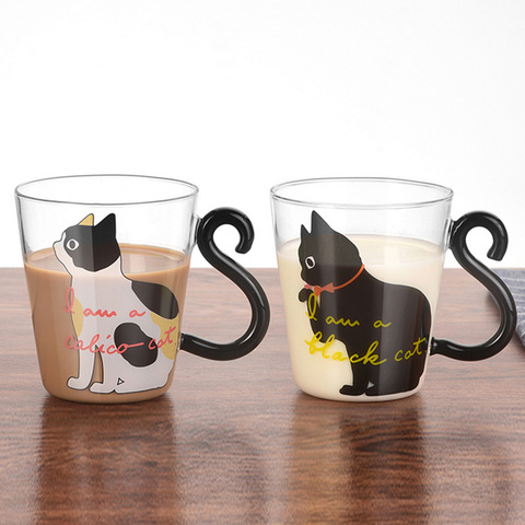 Behogar 250ml 8.45oz Cute Cat Pattern Mug Glass Cups with Kitty Tail Shaped Handle for Water Milk Coffee Drink Home Decor ► Photo 1/6