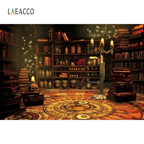 Laeacco Magic House Vintage Bookshelf Wood Barrel Candlestick Skull Photography Backdrops Photo Backgrounds Halloween Photophone ► Photo 1/6