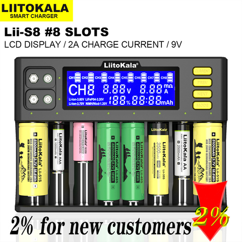 LiitoKala Lii-S8 Battery Charger Li-Ion 3.7V NiMH 1.2V Li-FePO4 3.2V IMR 3.8V charger for 18650 26650 21700 26700 AA AAA ► Photo 1/6