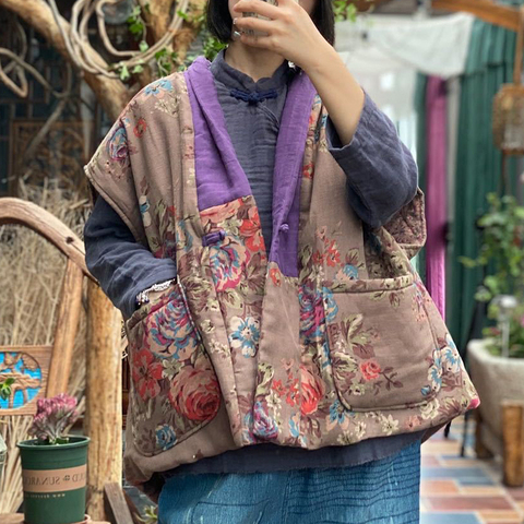 Johnature Women Vintage Cotton Linen Vests Patchwork Coats Chinese Style Sleeveless V-Neck Print Floral 2022 Winter Female Vests ► Photo 1/6