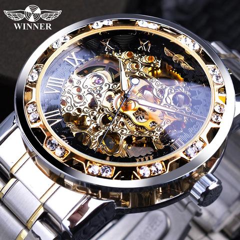 Winner Transparent Fashion Diamond Luminous Gear Movement Royal Design Men Top Brand Luxury Male Mechanical Skeleton Wrist Watch ► Photo 1/6