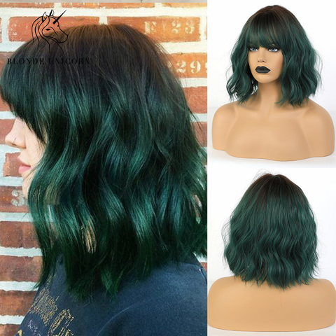 Blonde Unicorn Ombre Green Short Wavy Bob Synthetic Wigs with Bangs Women Shoulder Length Cosplay Hair Wig Heat Resistant Fiber ► Photo 1/6