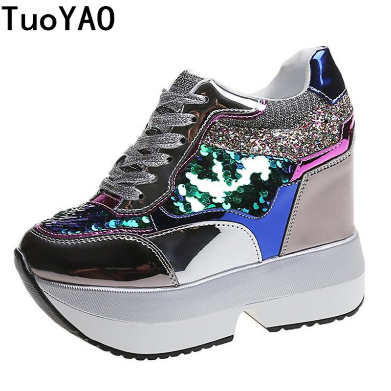 Trainers Sneakers Casual Sequin Wedge Chunky Sole LaceUp Sporty Gym Shoes Womens 
