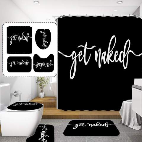 Home Get Naked Black Bath Mat Toilet Cover Rug Shower Curtain Bathroom Decor Set 