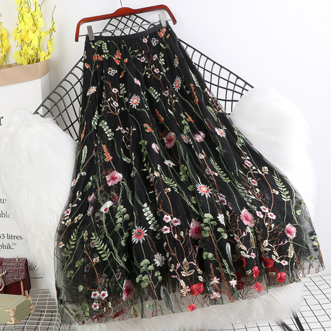 Autumn Women Mesh Skirt Fashion Flowers Sequin Embroidery Long Skirt Ladies Casual Voile Appliques Skirt Mid-calf Swing Skirts ► Photo 1/6