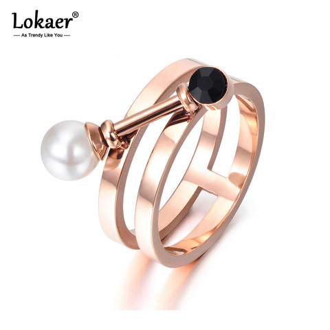 Lokaer New Design Simulated Pearl & Black Cubic Zirconia Ring Jewelry Titanium Steel Engagement Wedding Women Rings R17140 ► Photo 1/5