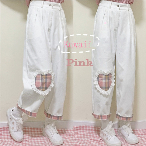 Japanese Harajuku Wild Cute Soft sister Casual Corduroy Kawaii Straight Pants Teen Girls Love Heart Patch Loose Students Pants ► Photo 1/6