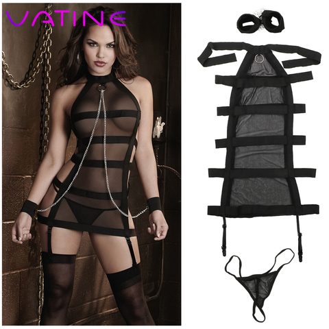 VATINE Sexy Black Mesh Open Crotch Handcuffs Perspective Exotic Costumes Role Play Shackle Bundled Sexy Lingerie Underwear Kit ► Photo 1/6