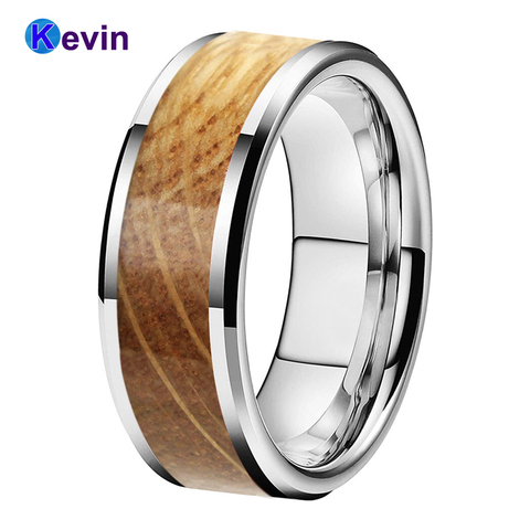 6MM 8MM Tungsten Carbide Rings for Men Women Engagement Wedding Bands Real Whiskey Barrel Oak Wood inlay Beveled Edges Polished ► Photo 1/6