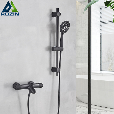 Rozin Matte Black Thermostatic Shower Faucet Wall Mounted Temperature adjustable Bathtub Mixer Tap With Handheld Bathroom Shower ► Photo 1/6