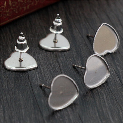 (Never Fade) 20pcs 10mm Heart Stainless Steel Earring Base Studs Ear Cameo Settings Cabochon Base Tray Blank (With Back)-T5-44 ► Photo 1/2