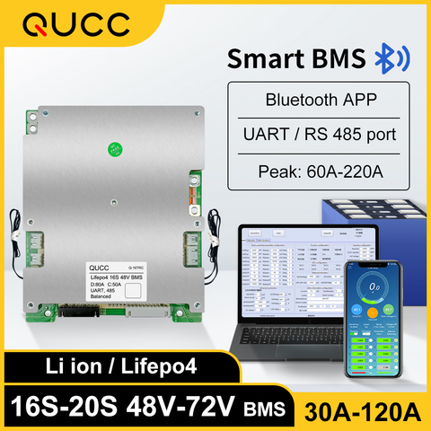 Qucc Smart bms Lifepo4 48v 16s 17s 20s 60v 72v 30A 40A 50A 60A 80A 100A Power Battery Balance Board Blutooth APP UART RS485 BT ► Photo 1/6