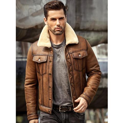 Mens Sheepskin Shearling Jacket B3 Flight Jacket Aviator Winter Coat Fur Bomber Leather Jacket Brown Denim Jacket ► Photo 1/6