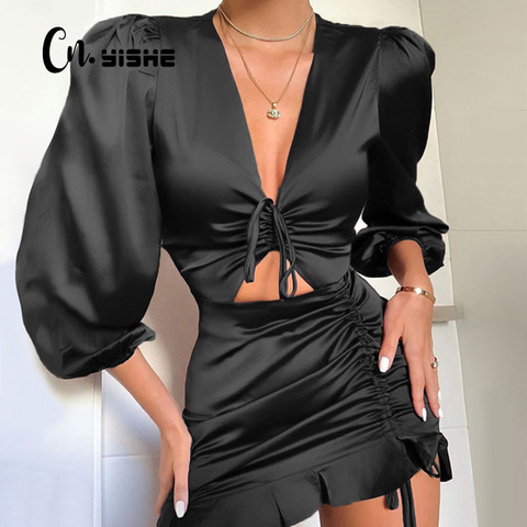 CNYISHE Sexy Deep V-neck Party Dress Women Satin Lace Up Ruffles Holow Out Ruched Dress Female Vestido Elegant Slim Mini Dresses ► Photo 1/6