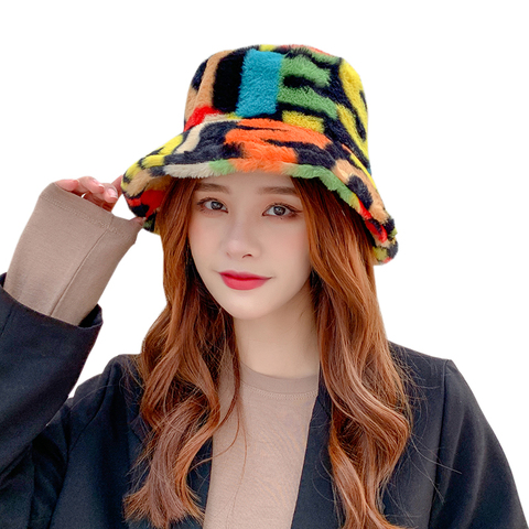 2022 New Outdoor Multicolor Rainbow Faux Fur Letter Pattern Fluffy Bucket Hat Women Winter Cap Soft Warm Gorro Pescador ► Photo 1/6