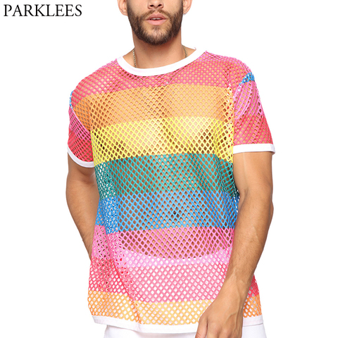 Men's Rainbow Mesh See through Fishnet T Shirt 2022 Sexy Short Sleeve Transparent Tshirt Homme Hip Hop Streetwear Camisetas 5XL ► Photo 1/6