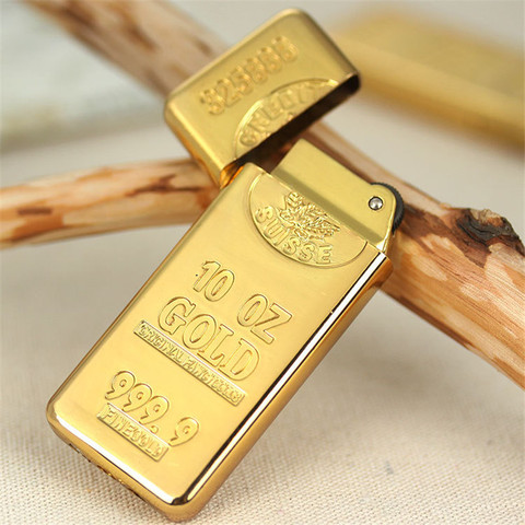 Gold Brick Free Fire Metal Lighter Gold Bar Grinding Wheel Butane Gas Flint Compact Lighter Inflated Oil Lighter Gadget For Man ► Photo 1/4