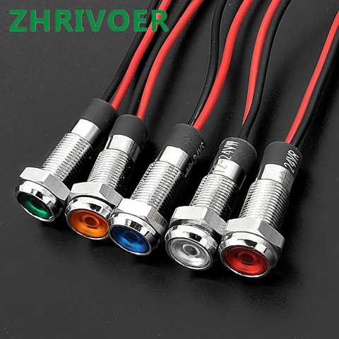 1pcs 6mm 3V 5V 6V 12V 24V 220v Flat head LED Metal Indicator light waterproof Signal lamp with wire red yellow blue green white ► Photo 1/6