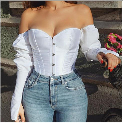 Buy Online Women Sexy Off Shoulder Shirt Blouse Lady Girls Fashion Back Bandage Slim Bustier Female Leotard Corset Ladies Solid Tops Wear Alitools