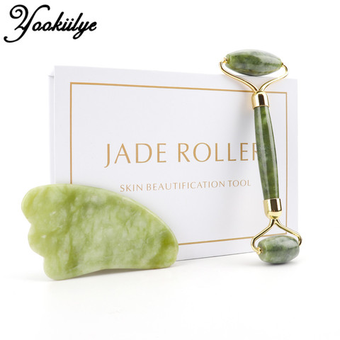 Double Heads Jade Roller Face-lift Set Natural Xiuyu Facial Massage Roller Guasha Board Set Body Slim Neck Thin Skin Care Tools ► Photo 1/6