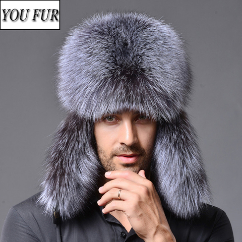 2022 New Men Outdoor Winter Natural Real Fox Fur Bombers Hats Warm Soft Quality Real Raccoon Fur Cap Real Sheepskin Leather Hat ► Photo 1/6