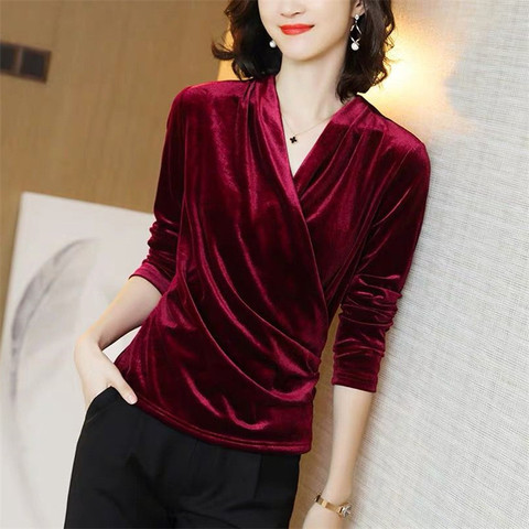 2022 Spring Autumn New Elegant V-Neck velvet Shirt sexy office lady Vintage velour M-8XL large size tops plus size ► Photo 1/5