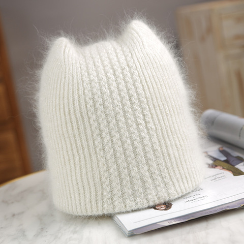 Warm lovely Winter Knitted Hats for Women Casual Soft Warm Angola Rabbit Fur Beanie hats for glris lady Bonnet Gorros ► Photo 1/6