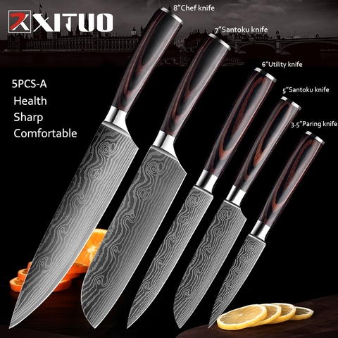 XITUO Kitchen Knives Damascus Veins Stainless Steel Knives Color Wood Handle Paring Utility Santoku Slicing Chef Cooking Knife ► Photo 1/6