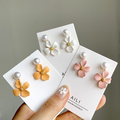 Pearl Dangle Flower Earrings for Women Candy Color Pink Yellow White Cute Small Earrings Korean Romantic Jewelry Party Gift ► Photo 1/6