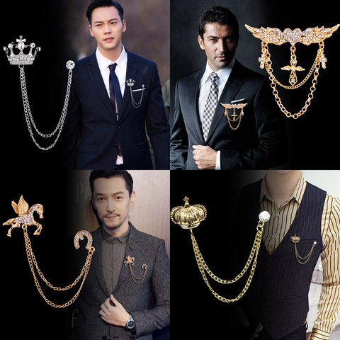 Korean British Style Crown Bird Brooch Cross Suit Tassel Chain Lapel Pin Angle Wings Badge Retro Female Corsage Men Accessories ► Photo 1/6