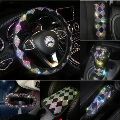 Blingbling colorful rhinestones car interior accessories crystal women armest box cushion handbrake car steering wheel cover ► Photo 1/6