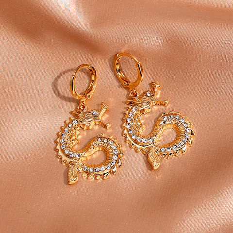 JUST FEEL Vintage Gold Color Dragon Drop Earrings for Women Personality Jewelry With Rhinestone Statement Earings Women Gifts ► Photo 1/5