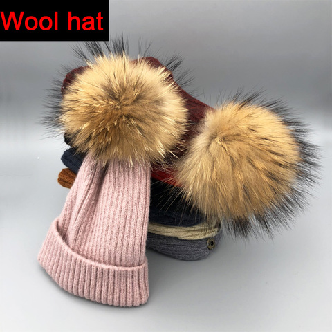 Winter spring wool Hat Knitted Skullies Casual Women hat Natural fox Fur Pompom Hats ► Photo 1/6