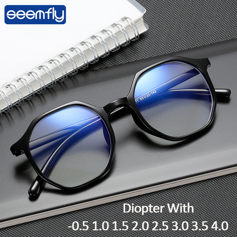 seemfly Polygon Women Men Finished Myopia Glasses Diopter -0.5 1.0 1.5 2.0 2.5 3.0 3.5 Ultralight Nearsighted Eyewear Frame ► Photo 1/6
