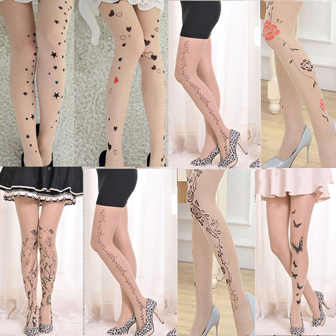 15D Camouflage Tattoo Silk Stockings Summer Transparent Pantyhose Mickey Machine Gun Letter Stars Tights Sexy Thin Girls ► Photo 1/5