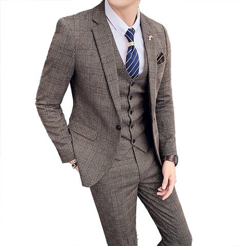 ( Jacket + Vest + Pants ) Fashion Boutique Lattice Formal Business Mens Suit 3pces Set Groom Wedding Dress Plaid Suit Show Stage ► Photo 1/6