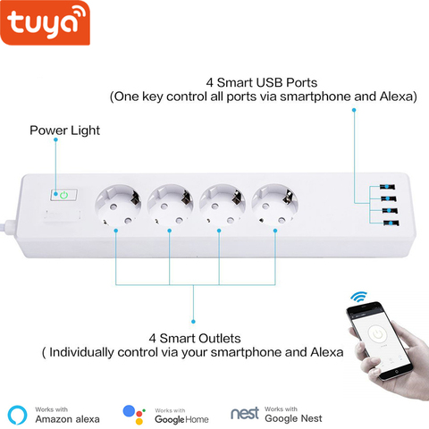 Tuya smart WIFI power strip EU standard with 4 plug and 4 USB port compatible with Amazon Alexa and Google Nest ► Photo 1/6