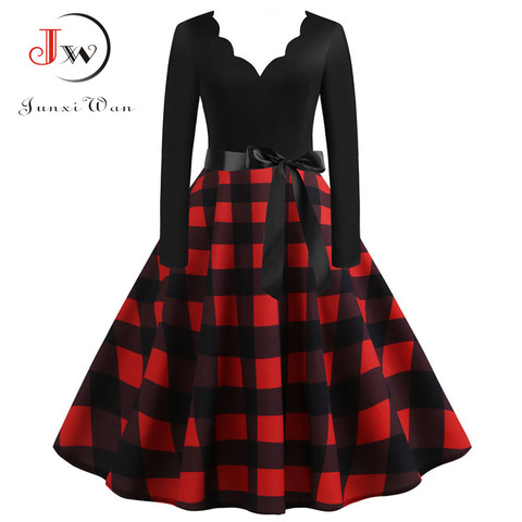 Women Plaid Print Winter Dress Black Long Sleeve Vintage Christmas Party Pin up Rockabilly Dress Robe Femme Plus size S~3XL ► Photo 1/6