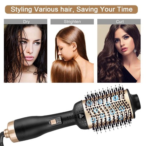 One Step Hair Dryer & Volumizer Straightener Curler Brush Gold Hot Air Brush Negative Ions Rotary Blower Tangle Detangling Comb ► Photo 1/6