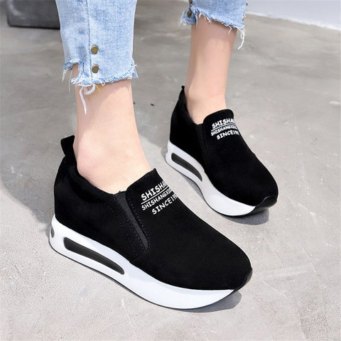 New Women Shoes Breathable High Heels Lady Casual Black Flock Women Sneakers Leisure Platform Shoes Height Flat Increasing Shoes ► Photo 1/6