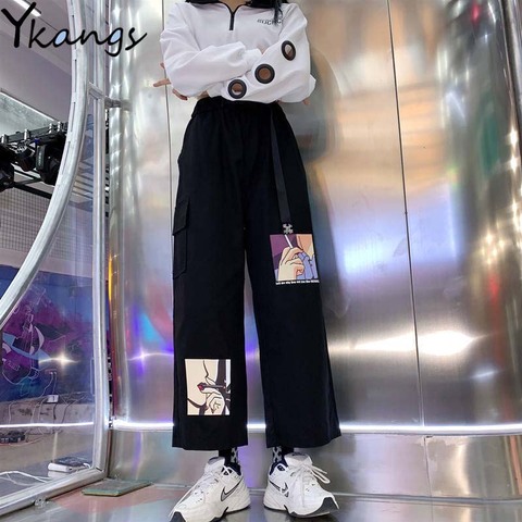 With Belt Wide Leg Baggy Pants Women High Waist Anime Print