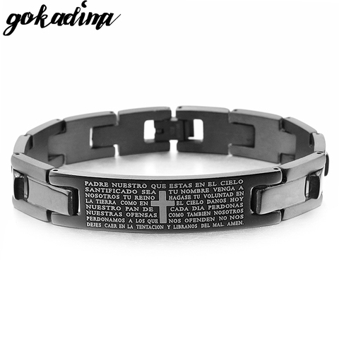 Gokadima Cross Bible Scripture Men Bracelet Stainless Steel Bracelet Black or Silver color, Jewelry pulseras Wholesale,WB104 ► Photo 1/6