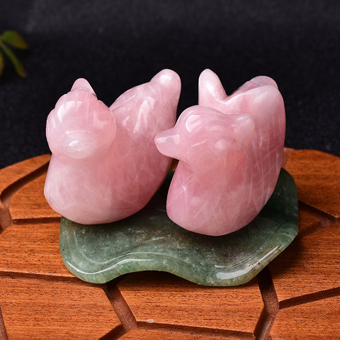 1 Set Rose Quartz Mandarin Duck Natural Crystal Stone Carved Lover Symbolize Figurine Lotus leaf decorative Home Decor Ornaments ► Photo 1/6