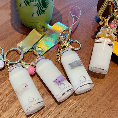 Creative Cute Floating Milk Pig Keychain For Keys Pendant Quicksand Drift Bottle Piggy Long Key Chain For Girl Bag Keyring Gifts ► Photo 1/6